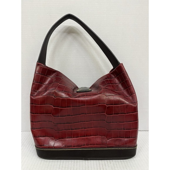 Dooney & Bourke Croco-Embossed Leather Hobo‎ Shoulder Bag Burgundy & Black - Picture 3 of 11